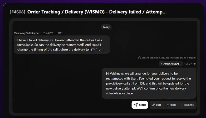 Chili Labs ticket with an auto AI draft reply ready to send