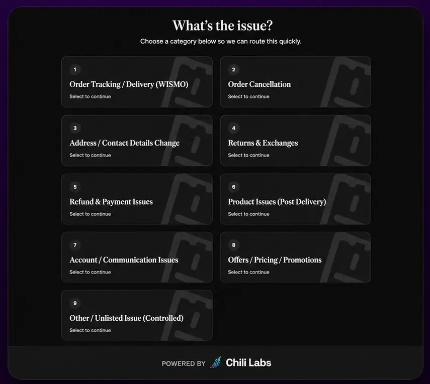 Chili Labs issue tree asking the customer what the issue is, with nine categories