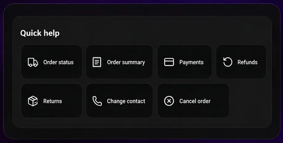 Chili Labs Quick help panel with order status, order summary, payments, refunds, returns, change contact and cancel order